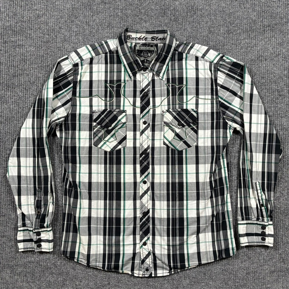 Black Label Mens Button Up Shirt Size XL Black Green Plaid Slim Fit‎ Long Sleeve